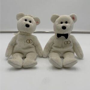 Mr & Mrs Wedding Teddy Bears Plush Couple Bride Groom Gold Rings 9” Set